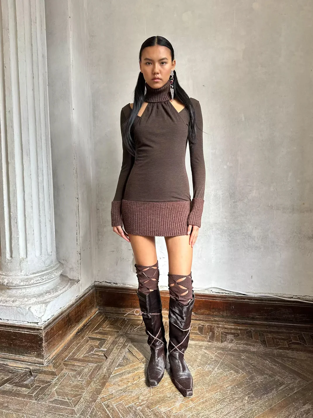 HOL!DAY | Layered Ribbed Turtleneck Long Sleeve Knit Dress