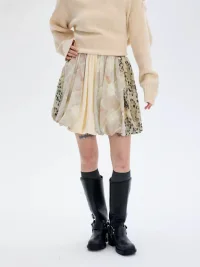 HORAHORA | Leopard Marble Print Patchwork Bubble Mini Skirt
