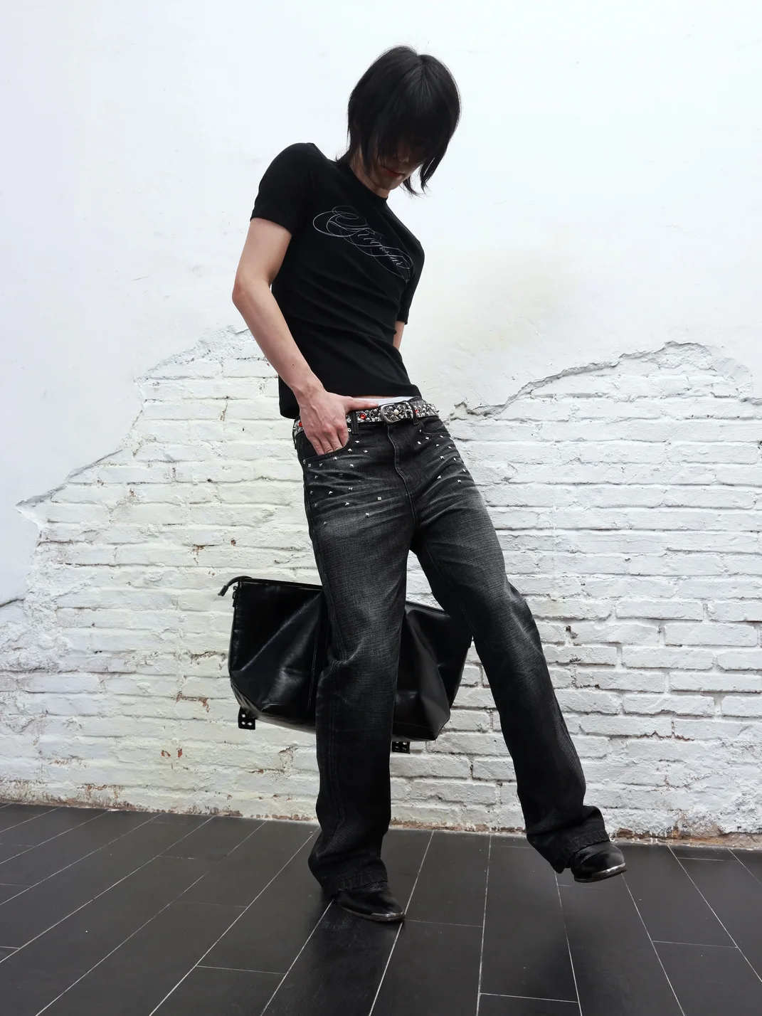 Rebrllion | Distressed Whiskered Studded Cross Skinny Jeans