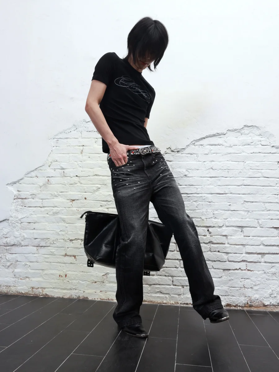 Rebrllion | Distressed Whiskered Studded Cross Skinny Jeans - 4