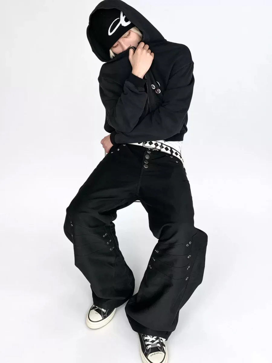 LuuuCam | Black Rivet Eyelet Deconstructed Wide-Leg Cargo Pants - 4