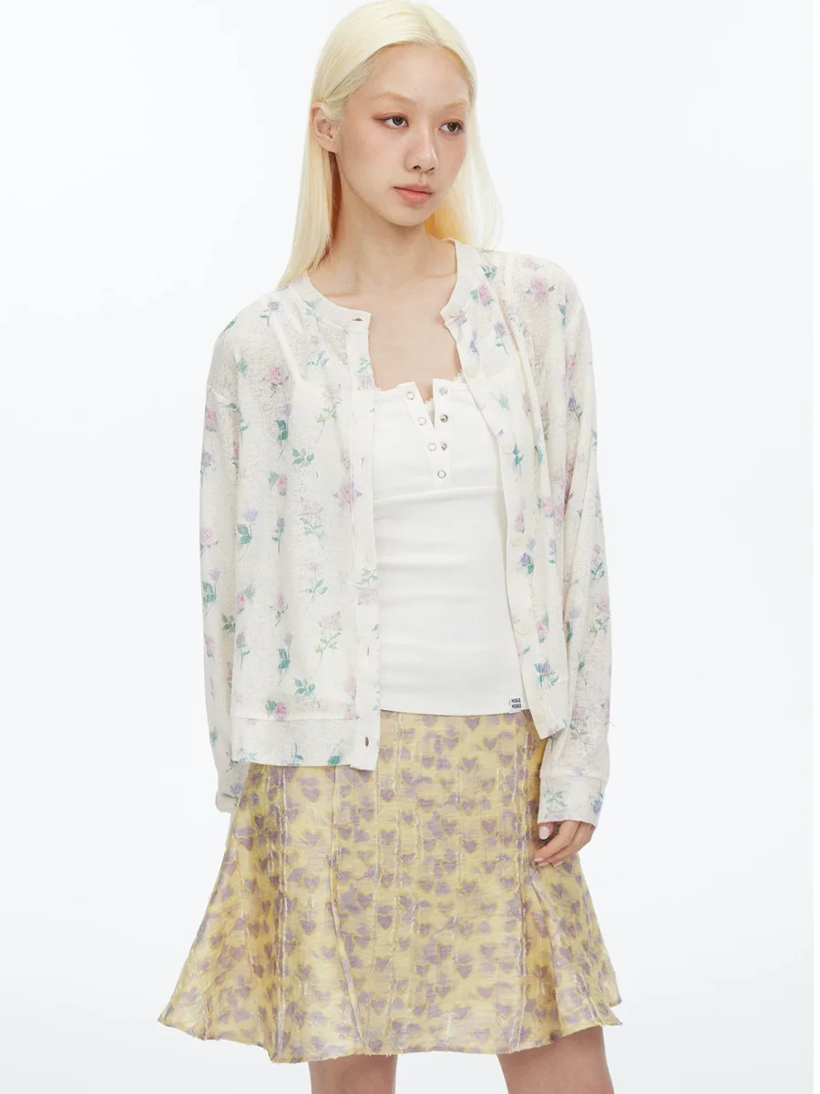 HORAHORA | Watercolor Rose Print Linen Blend Knit Cardigan - 2
