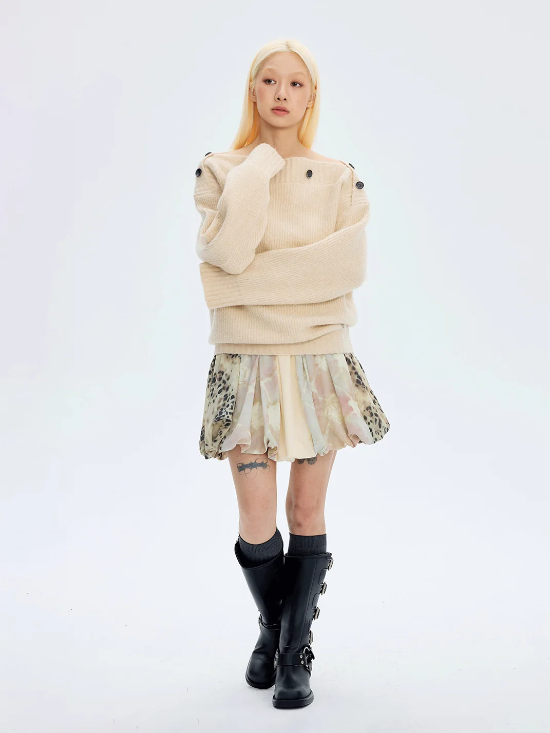 HORAHORA | Leopard Marble Print Patchwork Bubble Mini Skirt