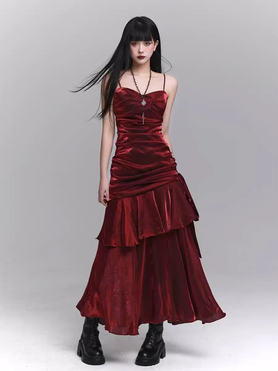 LADYGHOST | Dark Red Spaghetti Strap Maxi Dress - 3