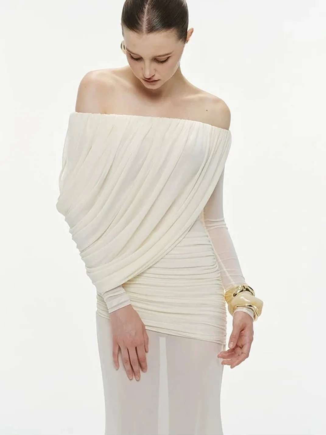 GDNH | Off-Shoulder Ruched Mesh Slim-Fit Maxi Dress