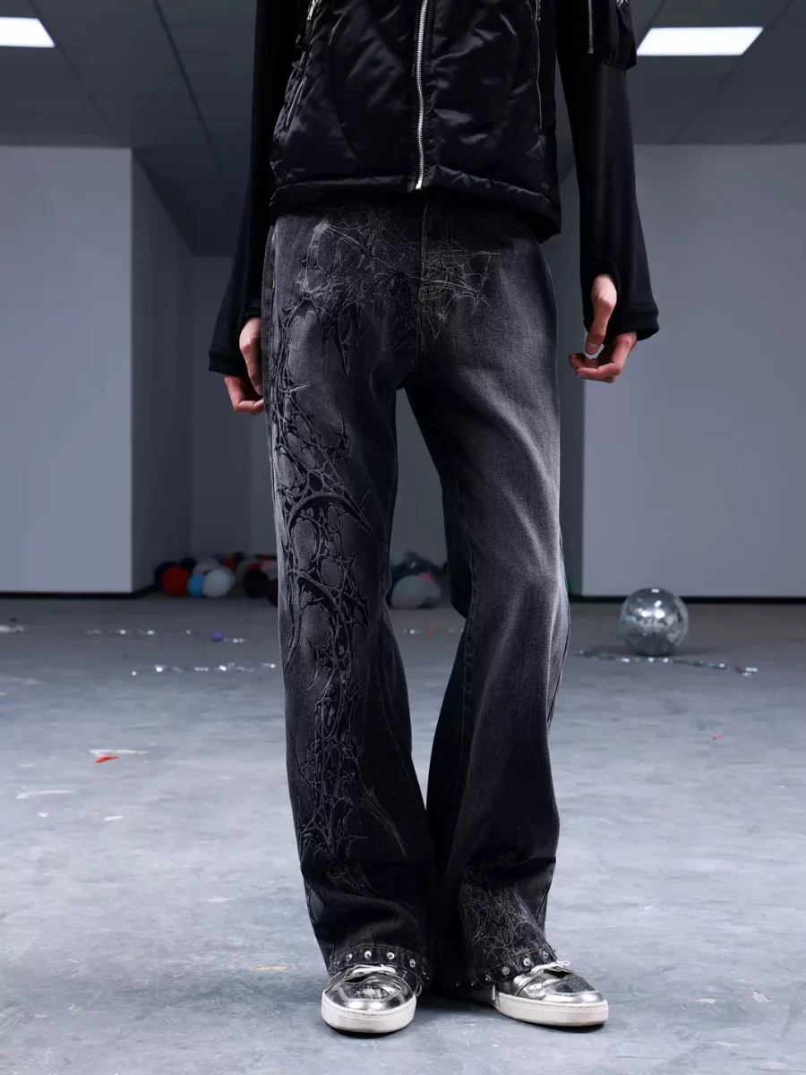 PAIKI | Spiderweb Thorn Studded Washed Straight-Leg Slim-Fit Jeans - 2