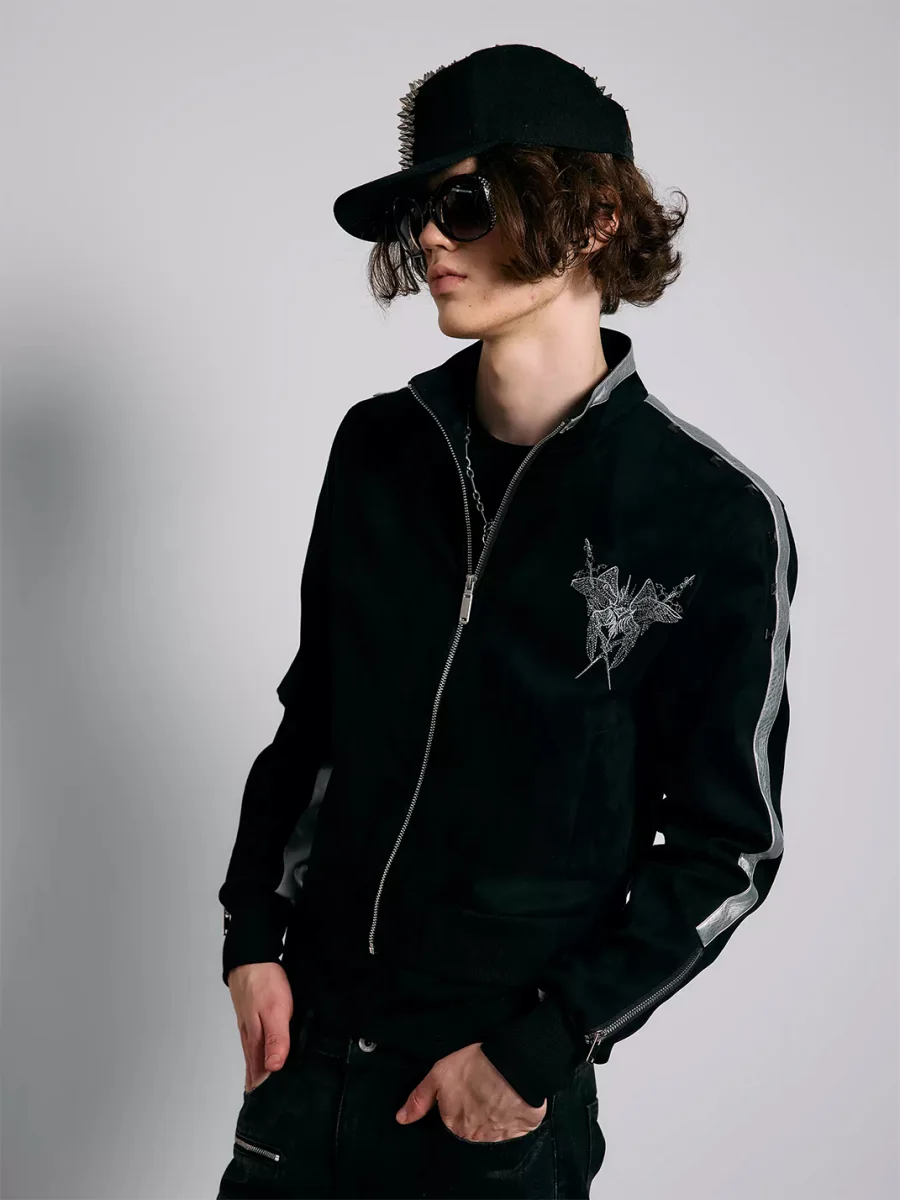 PAIKI | Slim-Fit Studded Wing Embroidered Stand-Collar Jacket - 2