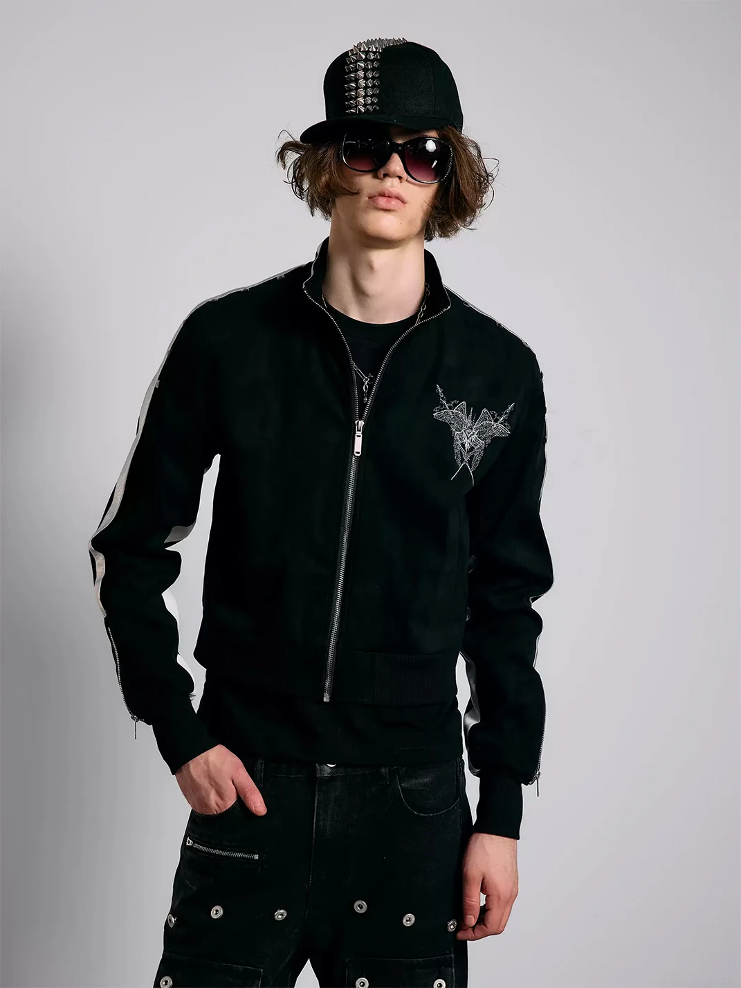 PAIKI | Slim-Fit Studded Wing Embroidered Stand-Collar Jacket