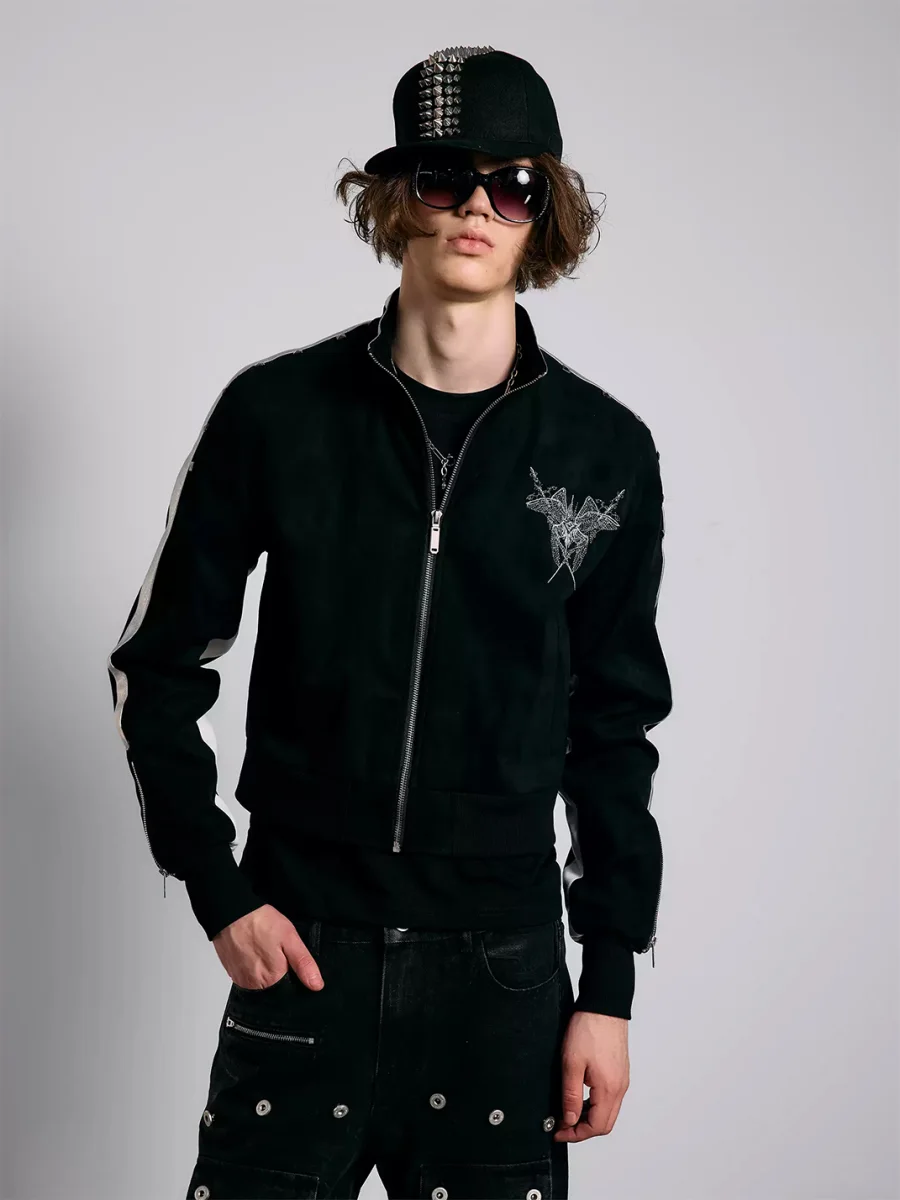 PAIKI | Slim-Fit Studded Wing Embroidered Stand-Collar Jacket - 3