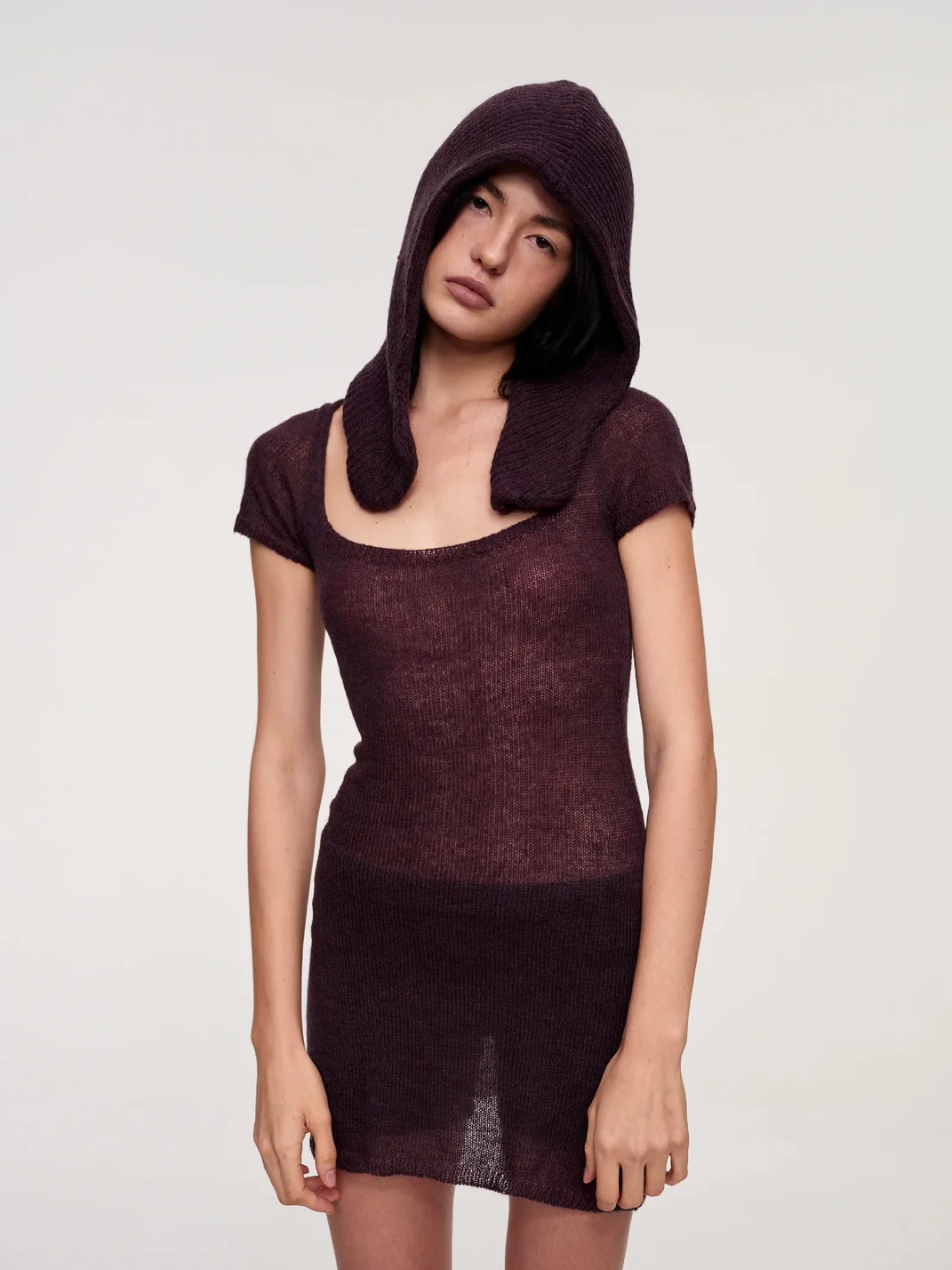CSFC | Semi-Sheer Square-Neck Short-Sleeve Knit Dress