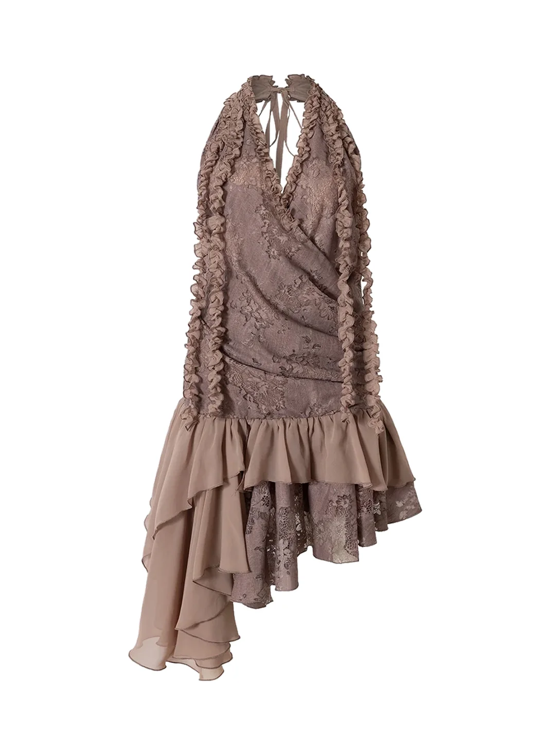 NO ROMANCE | Asymmetric Layered Lace Ruffle Halter Mini Dress