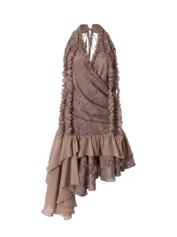 NO ROMANCE | Asymmetric Layered Lace Ruffle Halter Mini Dress