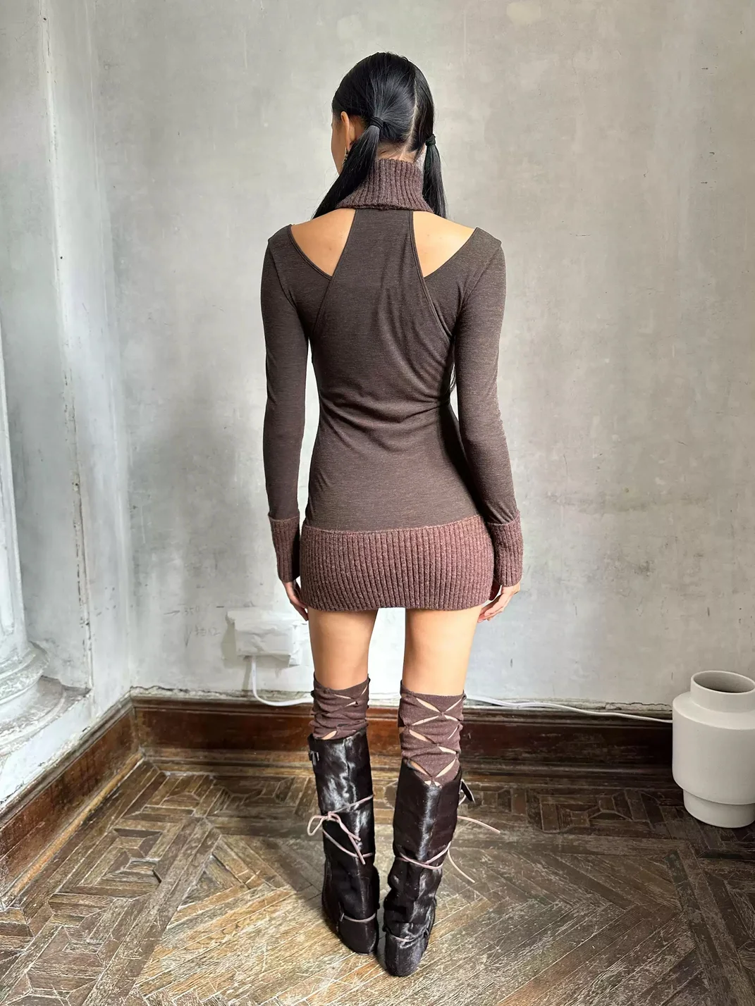 HOL!DAY | Layered Ribbed Turtleneck Long Sleeve Knit Dress