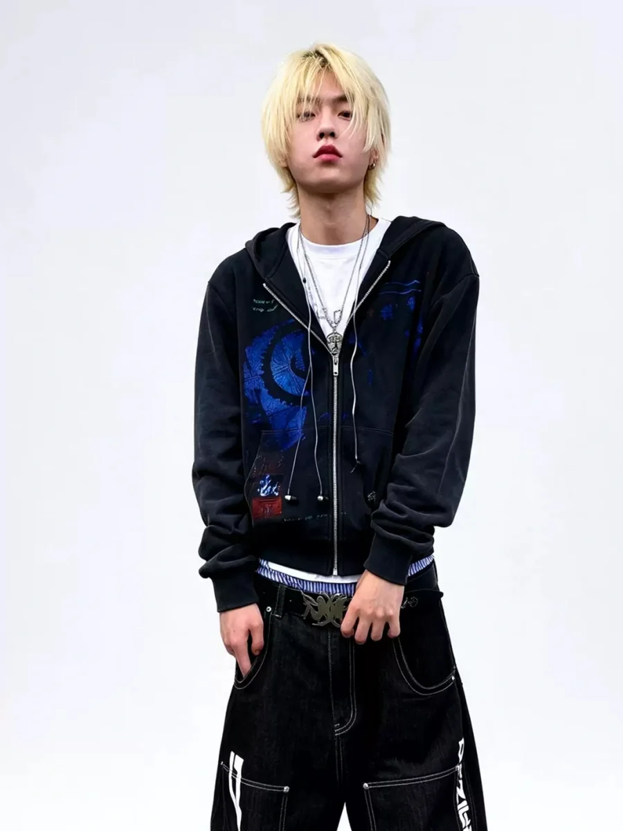 LuuuCam | Washed Alien Graphic Cropped Zip-Up Hoodie - 2