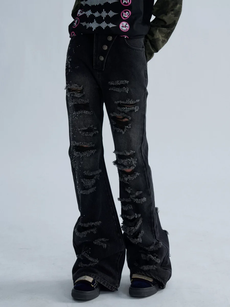 PAIKI | Rhinestone Distressed Asymmetric Button Slight Flare Jeans - 2