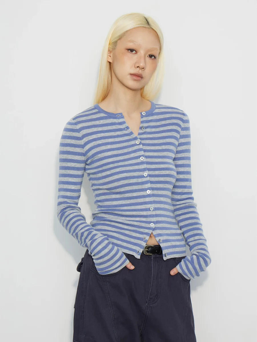 HORAHORA | Slim-Fit Striped Round-Neck Knit Cardigan - 3