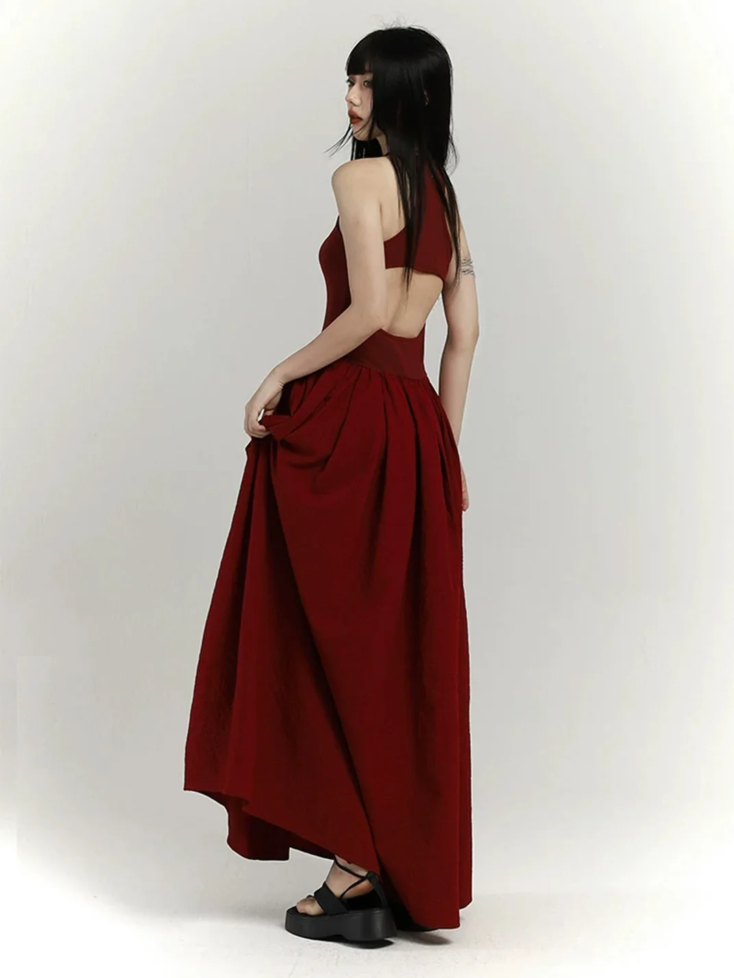 LADYGHOST | Red Fitted Waist Maxi Dress