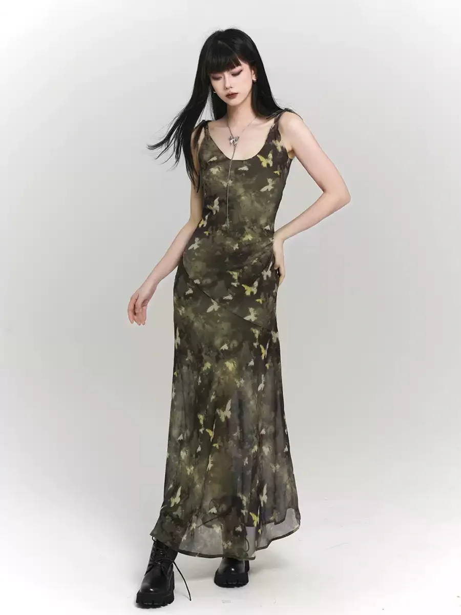LADYGHOST | Green Butterfly Print Slim-Fit Cami Maxi Dress - 3