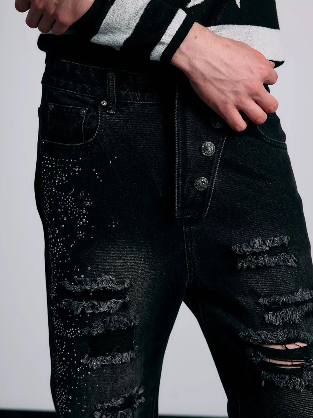 PAIKI | Rhinestone Distressed Asymmetric Button Slight Flare Jeans