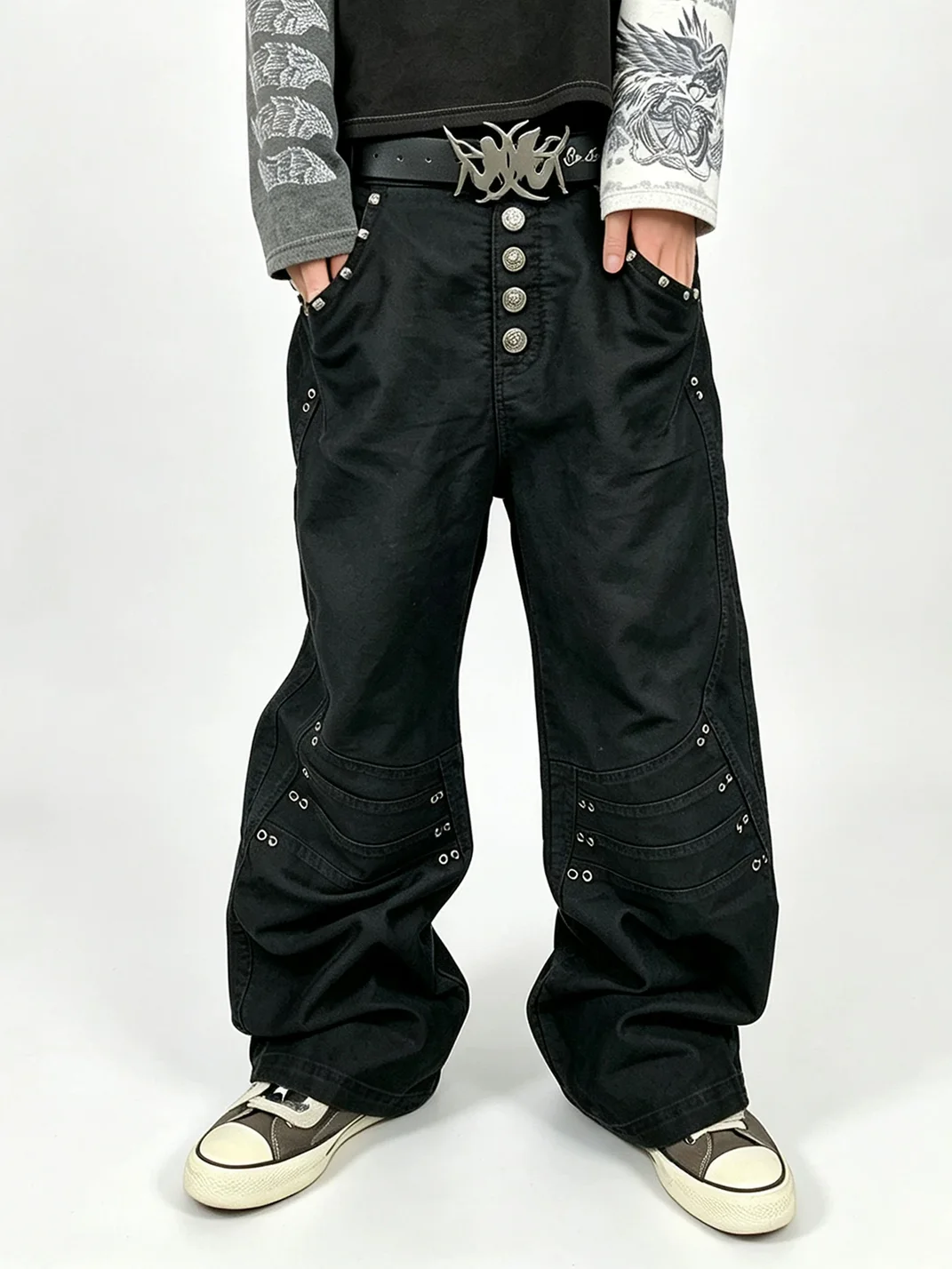 LuuuCam | Black Rivet Eyelet Deconstructed Wide-Leg Cargo Pants