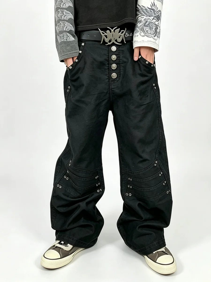 LuuuCam | Black Rivet Eyelet Deconstructed Wide-Leg Cargo Pants - 2