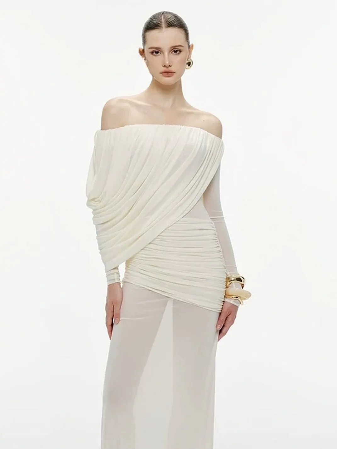 GDNH | Off-Shoulder Ruched Mesh Slim-Fit Maxi Dress