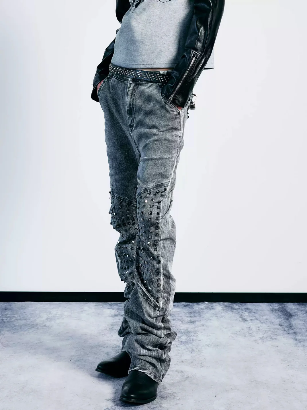 PAIKI | Studded Washed Curved-Leg Slim-Fit Stacked Jeans