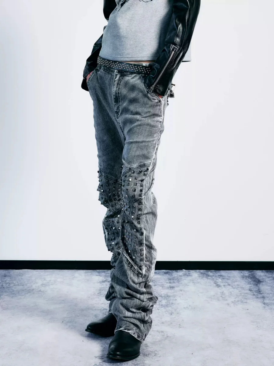 PAIKI | Studded Washed Curved-Leg Slim-Fit Stacked Jeans - 3
