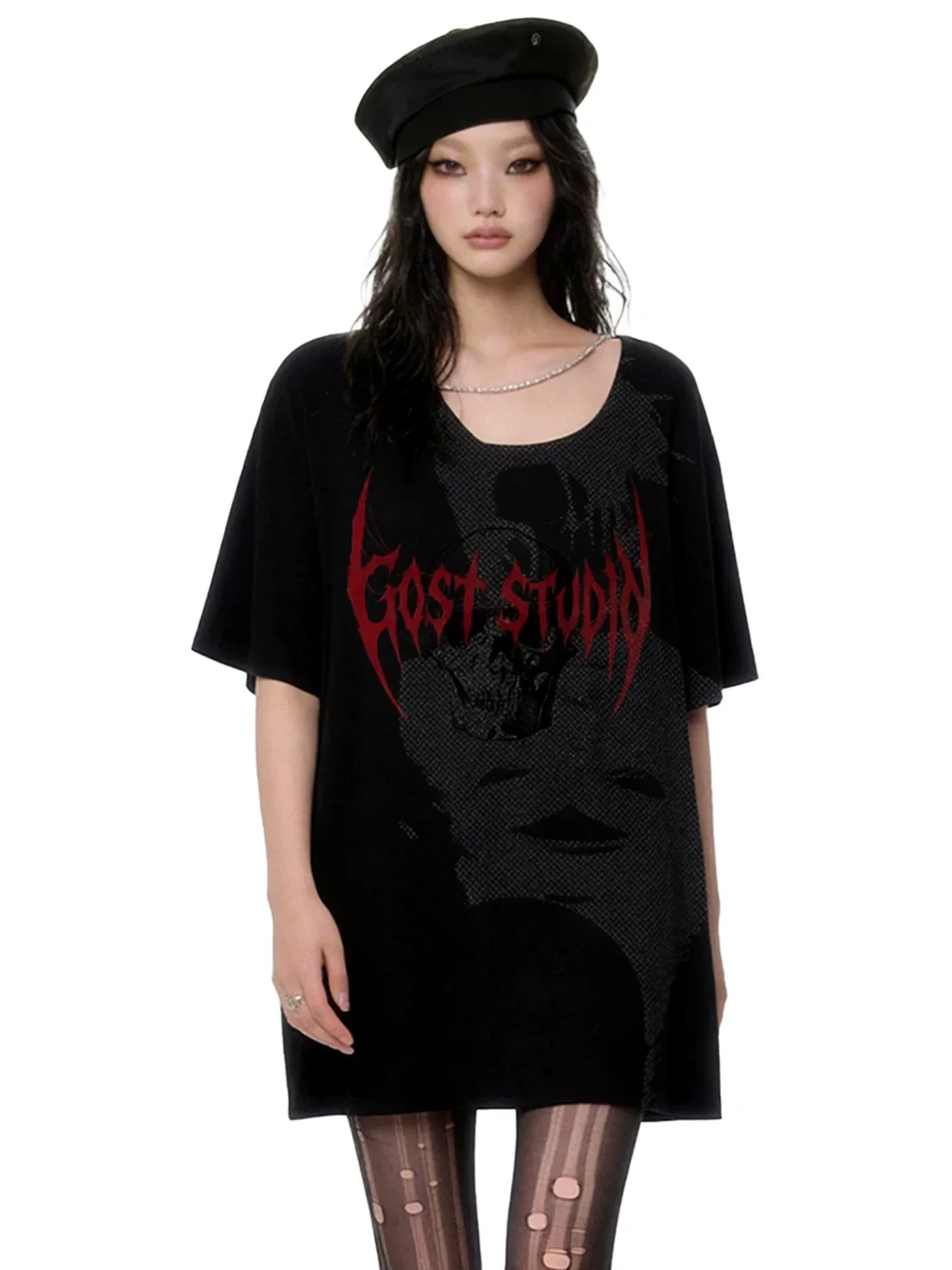 GOST | Oversized Chain Detail Silhouette Print Short-Sleeve Dress