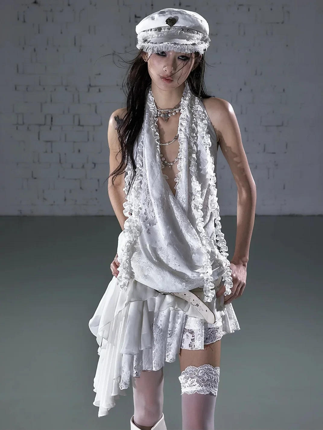 NO ROMANCE | Asymmetric Layered Lace Ruffle Halter Mini Dress