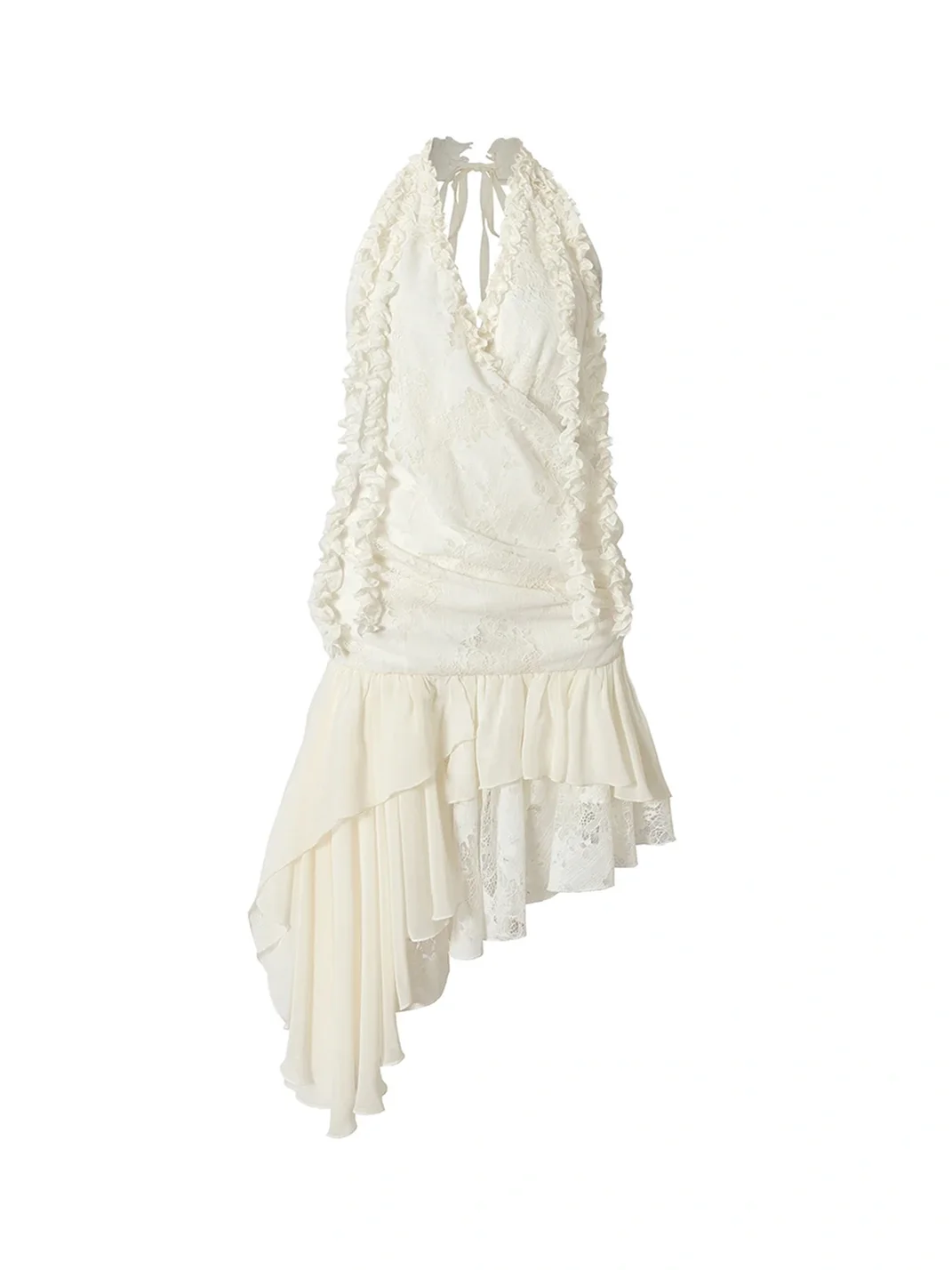 NO ROMANCE | Asymmetric Layered Lace Ruffle Halter Mini Dress