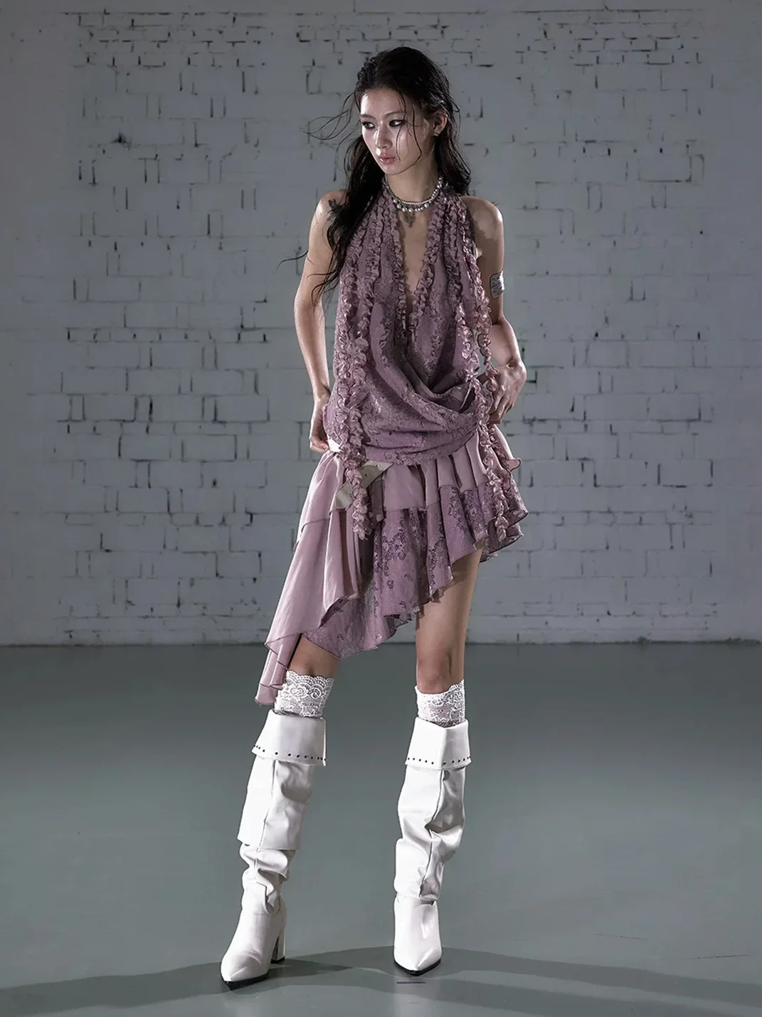 NO ROMANCE | Asymmetric Layered Lace Ruffle Halter Mini Dress