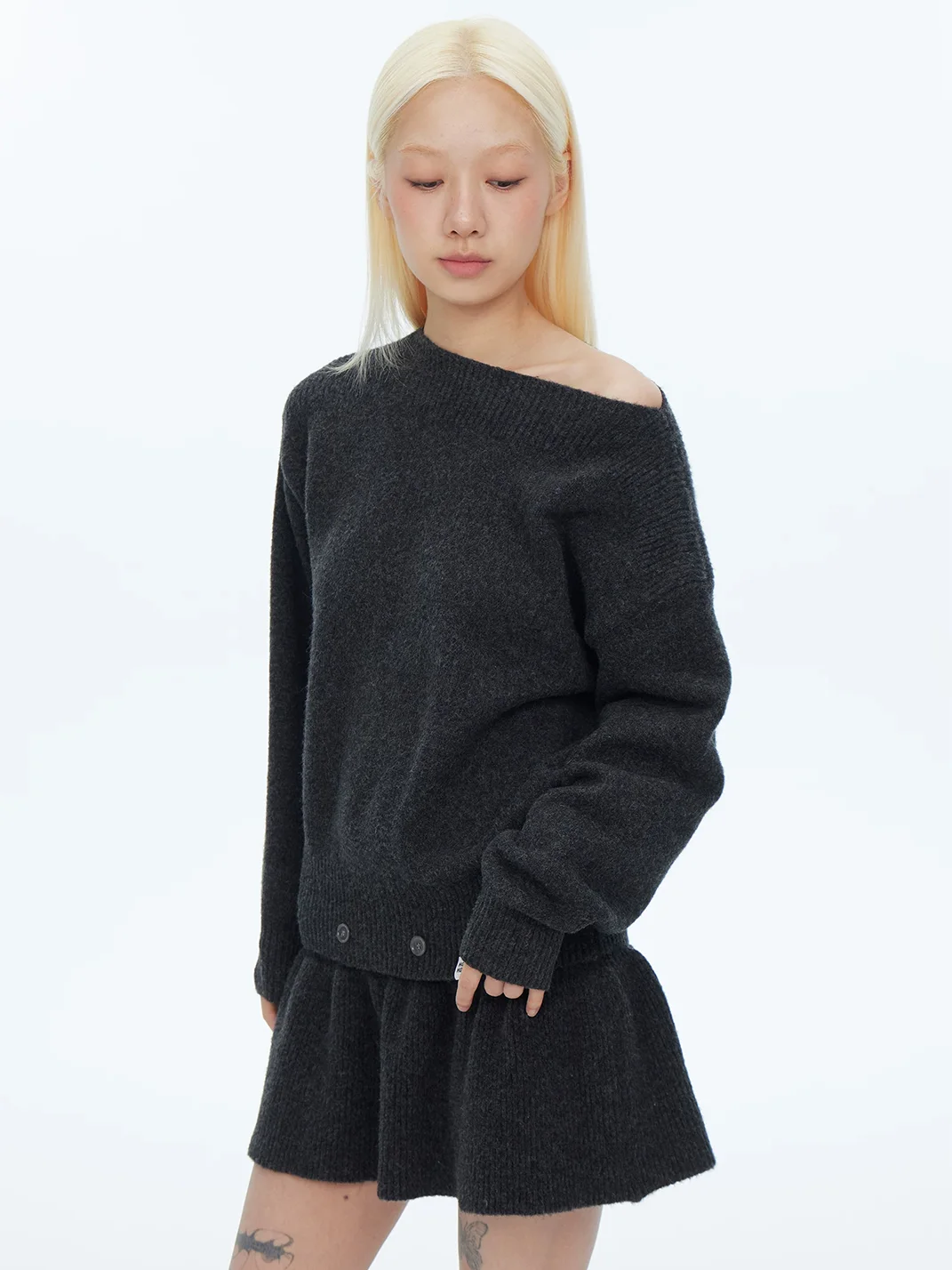 HORAHORA | Off-Shoulder Batwing Sleeve Chunky Knit Sweater Dress