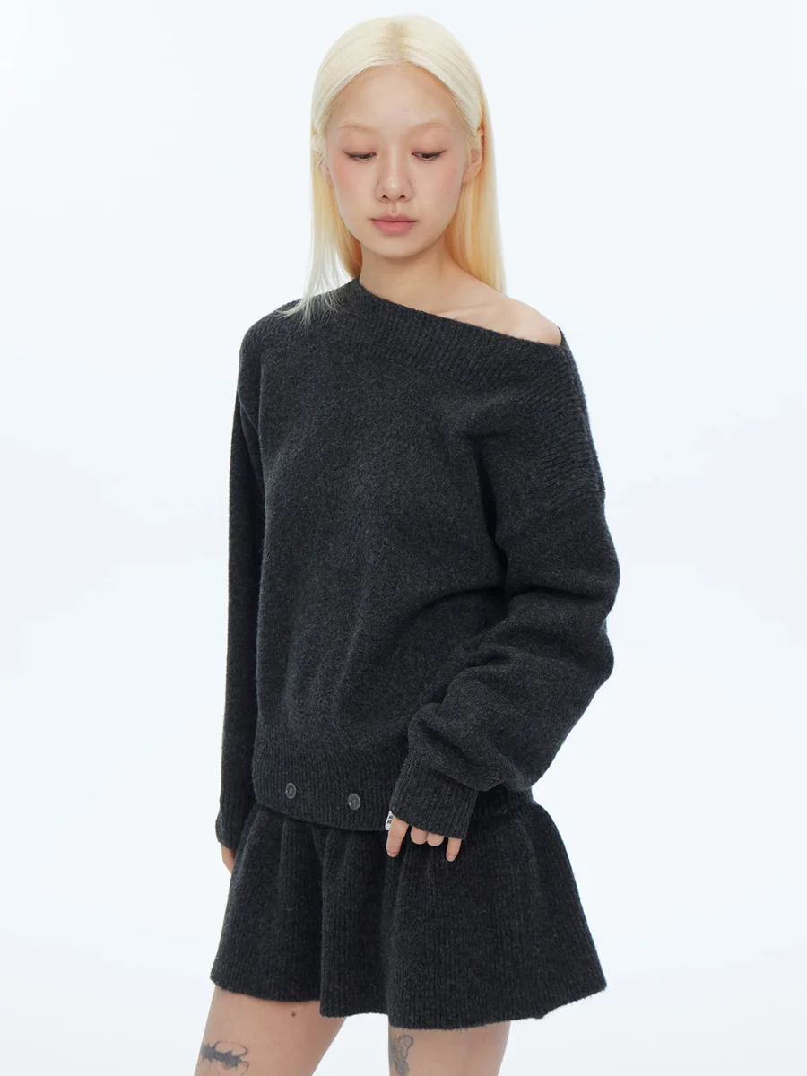 HORAHORA | Off-Shoulder Batwing Sleeve Chunky Knit Sweater Dress - 3
