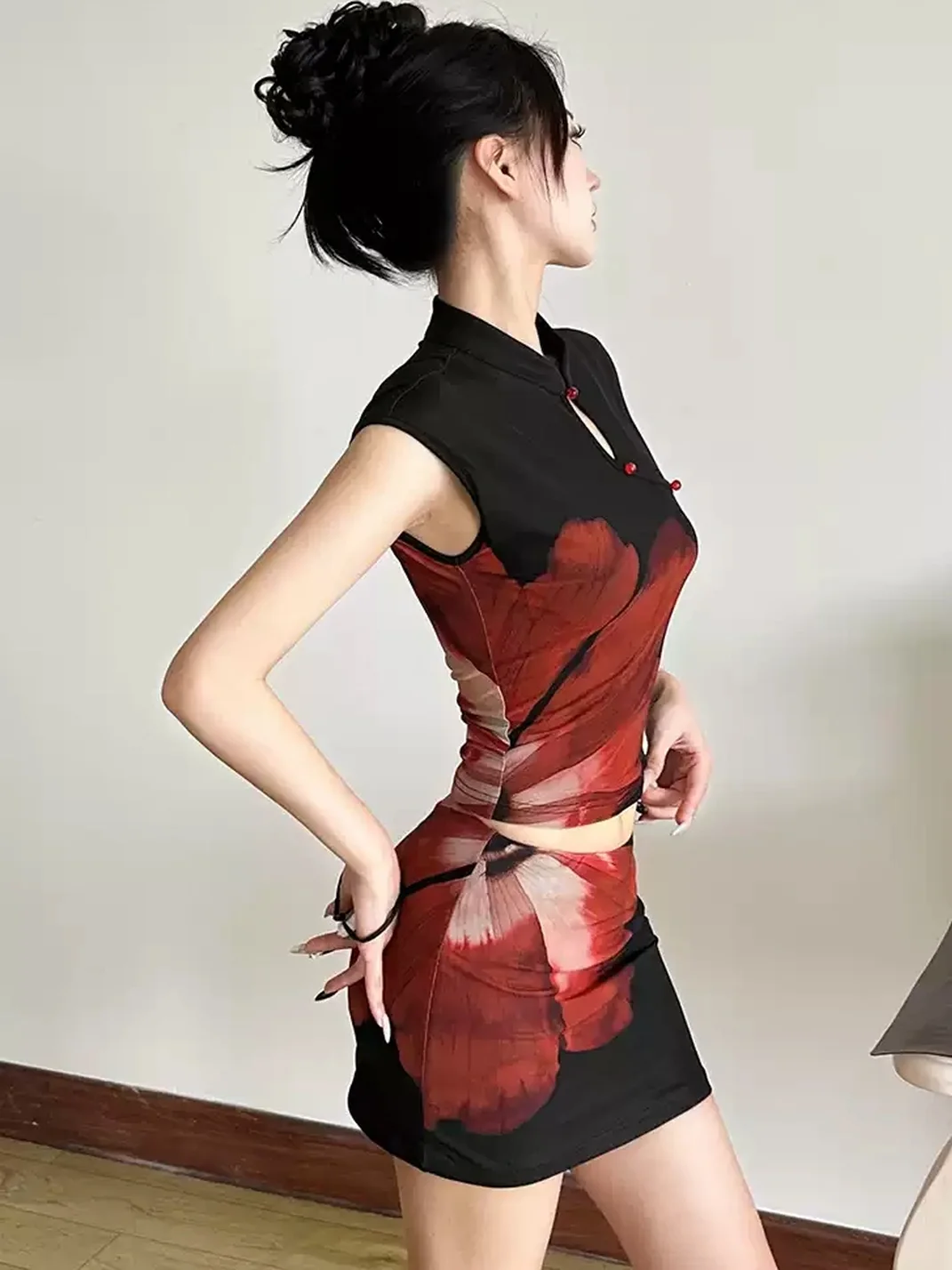 GDNH | Qipao Collar Printed Crop Top And Skirt Set