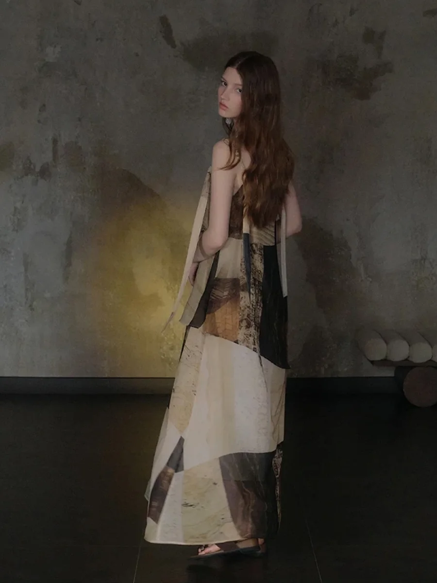 UNSOYAO OFFICE | Double-Layer Oil Painting Print Spaghetti Strap Dress - 2
