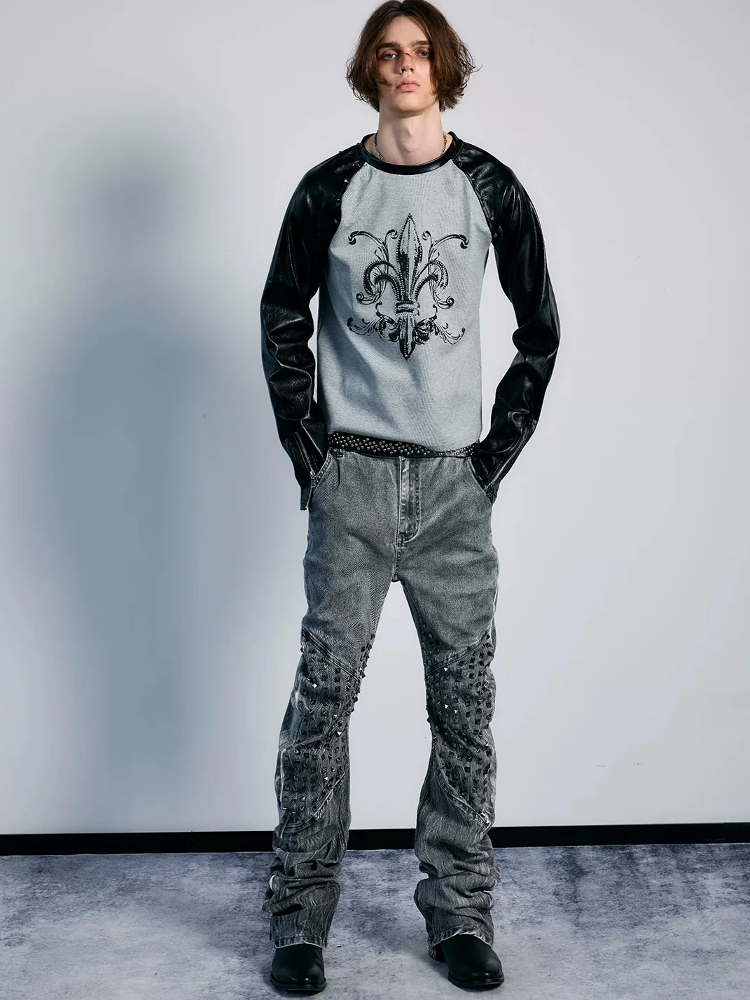 PAIKI | Studded Washed Curved-Leg Slim-Fit Stacked Jeans