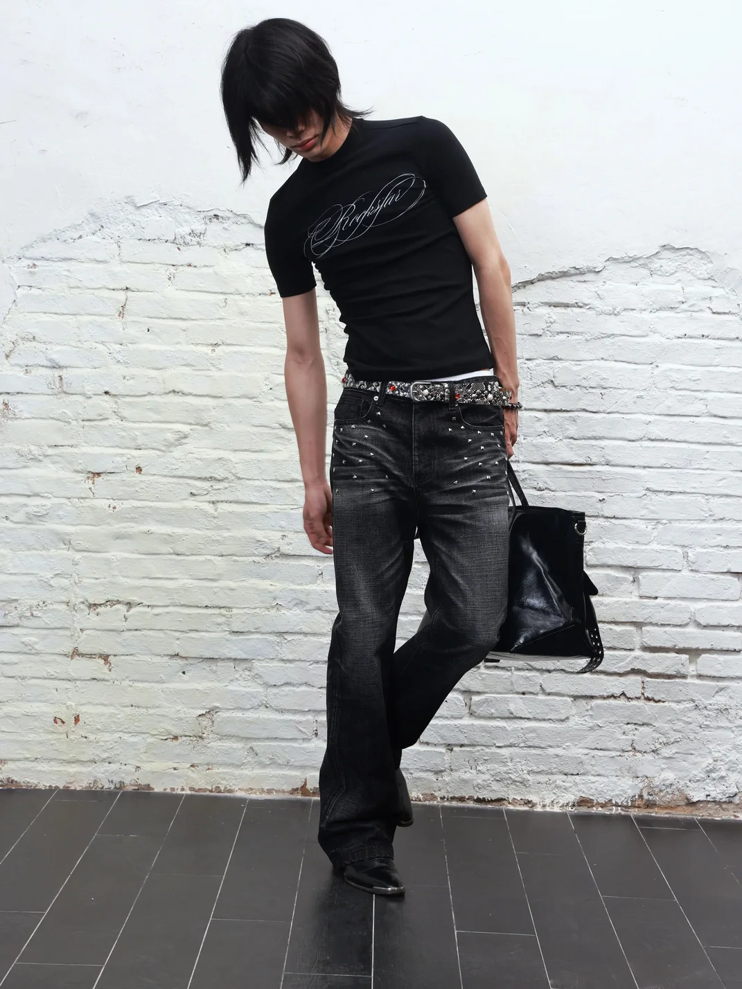 Rebrllion | Distressed Whiskered Studded Cross Skinny Jeans