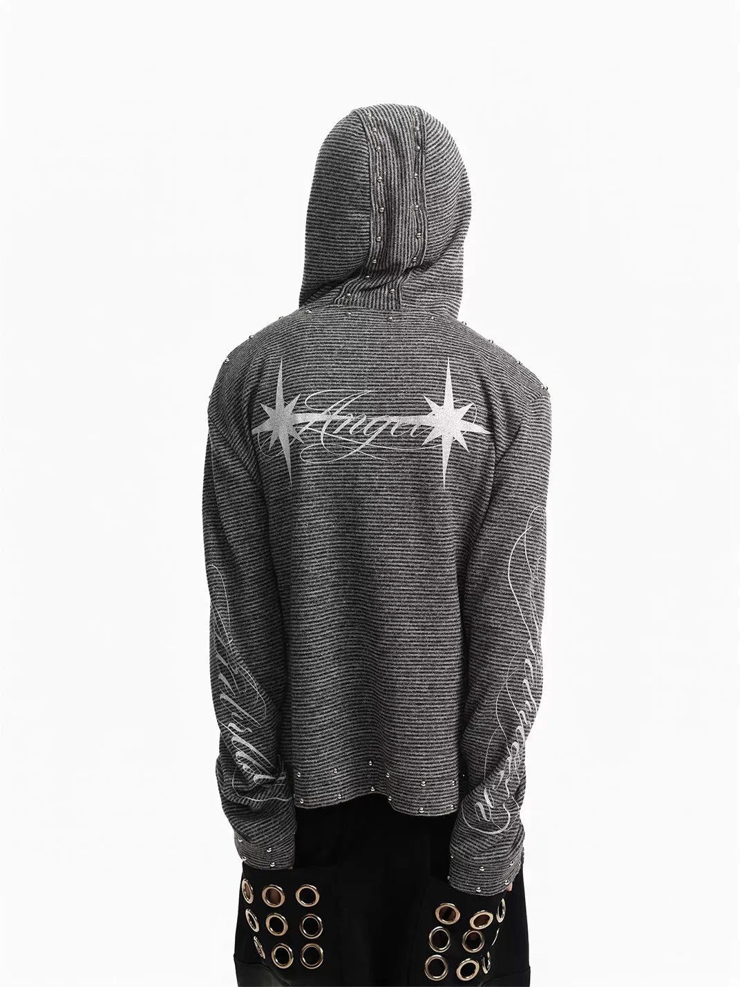 Rebrllion | Striped Studded Star Script Zip-Up Hoodie