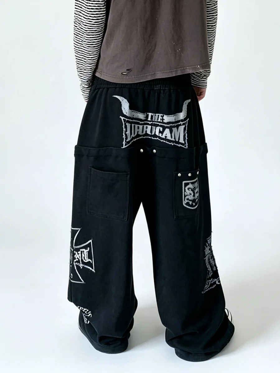 LuuuCam | Boxing Belt Print Distressed Wide Leg Sweatpants - 4