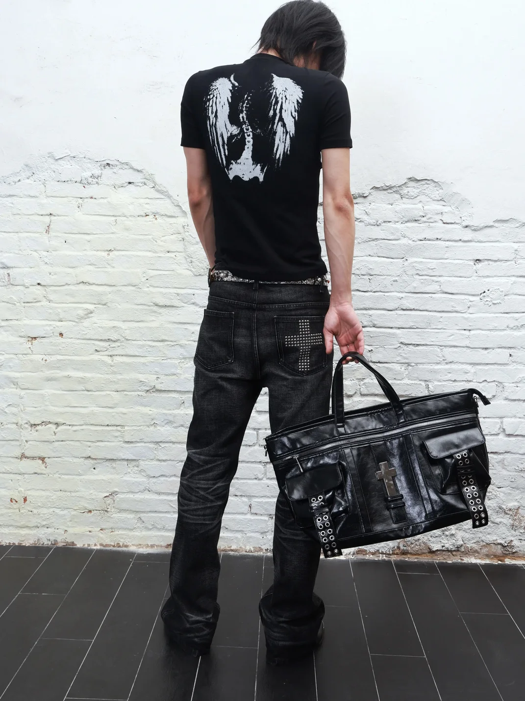 Rebrllion | Distressed Whiskered Studded Cross Skinny Jeans