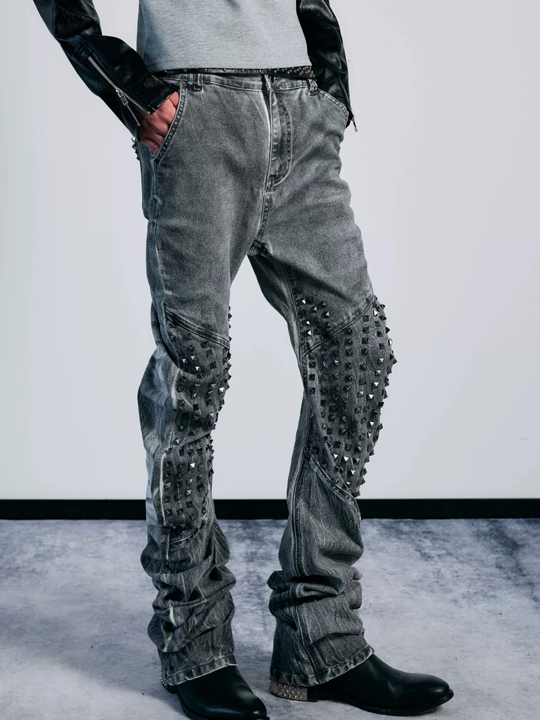 PAIKI | Studded Washed Curved-Leg Slim-Fit Stacked Jeans