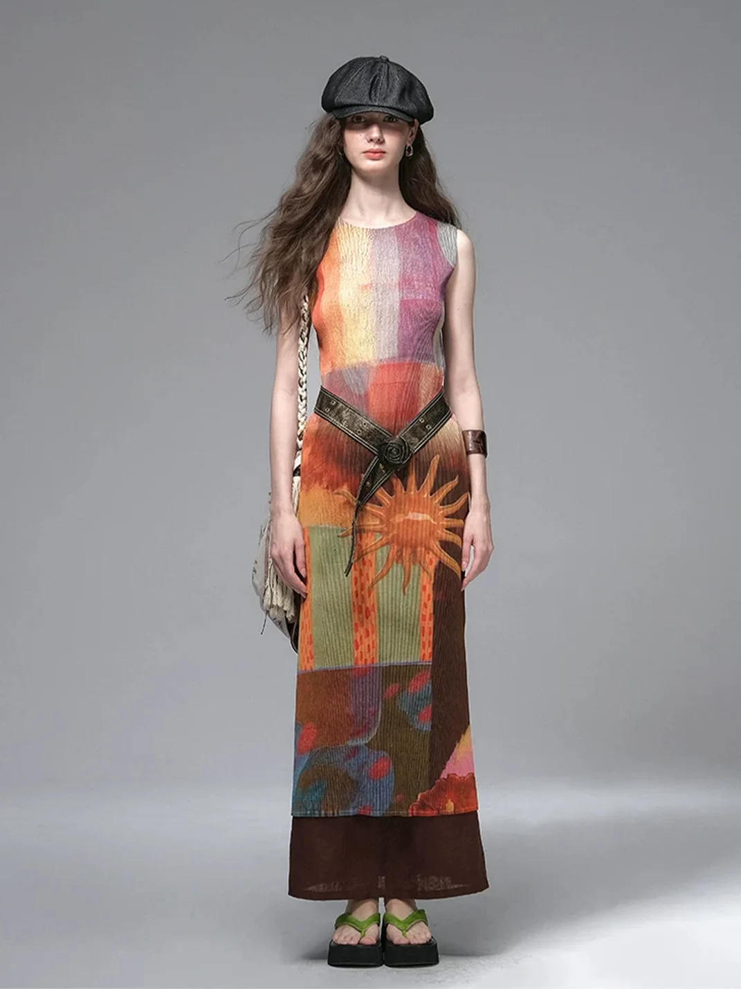 UNSOYAO OFFICE | Retro Print Pleated Dress With Belt
