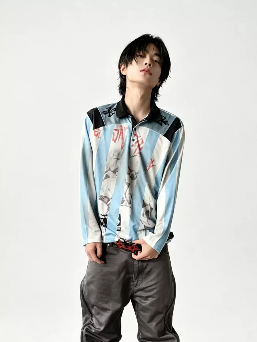 LuuuCam | Skull Print Striped Long Sleeve Polo Shirt - 2