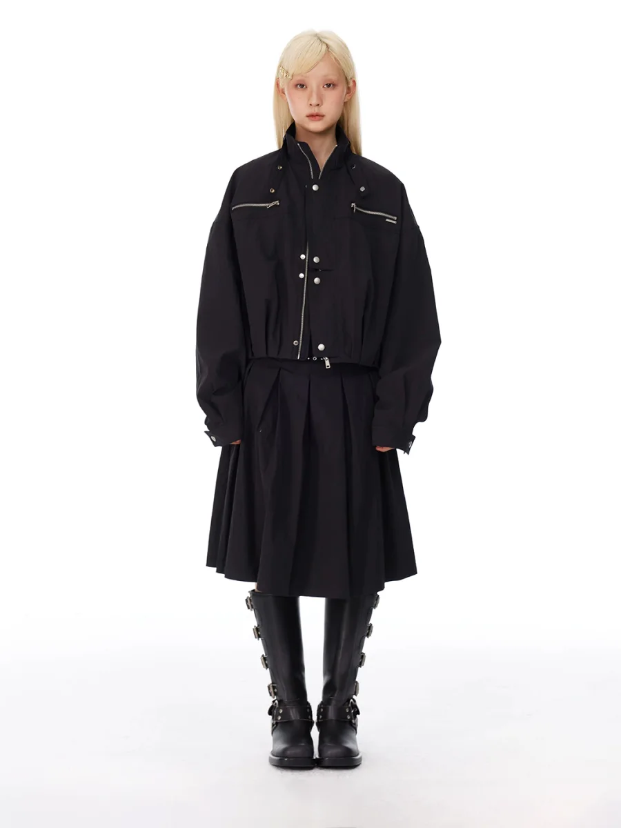 HORAHORA | Black Utility Jacket And A-Line Skirt Set - 3