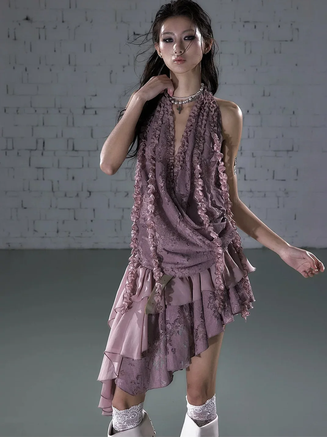 NO ROMANCE | Asymmetric Layered Lace Ruffle Halter Mini Dress