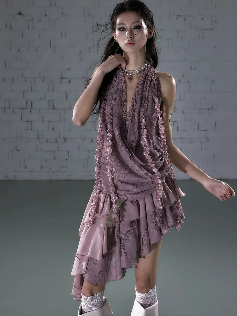 NO ROMANCE | Asymmetric Layered Lace Ruffle Halter Mini Dress - 3