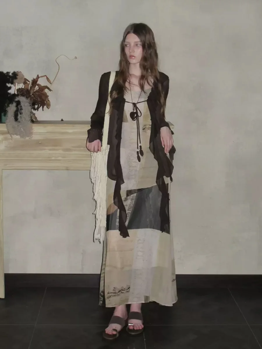 UNSOYAO OFFICE | Double-Layer Oil Painting Print Spaghetti Strap Dress - 4