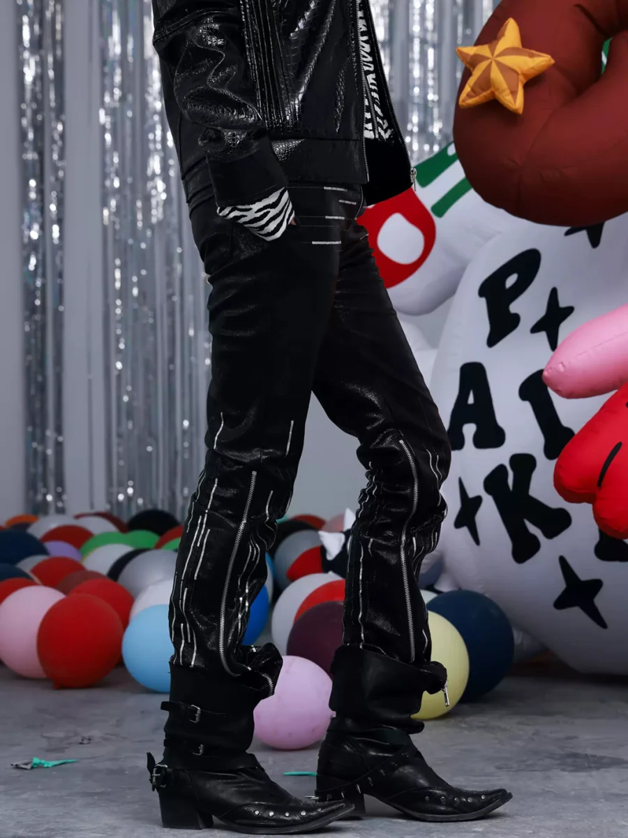 PAIKI | Sequin-Embroidered Slim-Fit Straight-Leg Faux Leather Pants - 3