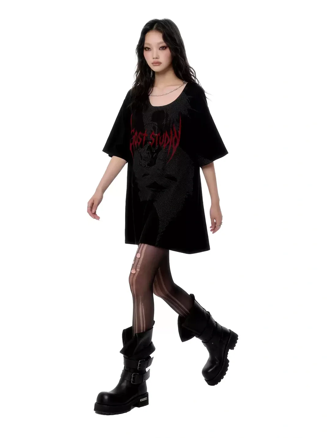 GOST | Oversized Chain Detail Silhouette Print Short-Sleeve Dress